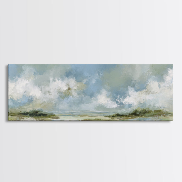 Peaceful Clouds over Open Meadow Framed Canvas Print, Dental Office Art, Dental Wall Art, Office Decor, Oil Painting, Calm, DOA-3x1-73