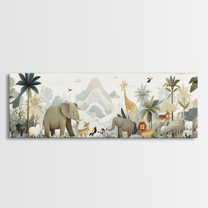 Happy Jungle Animals Canvas Print, Dental Office Art, Statement Artwork, Office Decor, Fine Art, Calm, Printable Wall Art, DOA-3x1-78