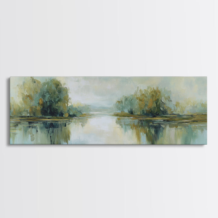 Sunlit Lake with Calming Reflections Framed Canvas Print, Dental Office Art, Printable Wall Art, Office Decor, Fine Art, Calm, DOA-3x1-79
