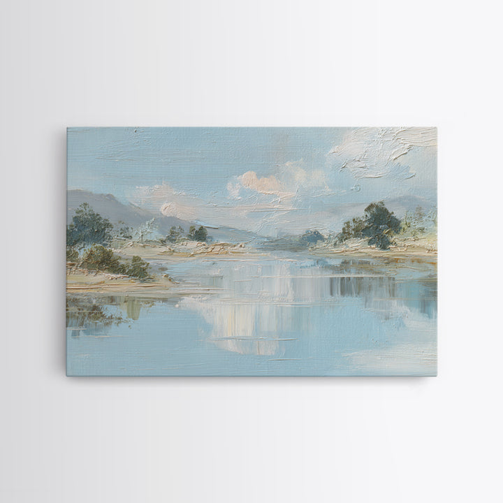 Sunlit Lake with Calming Reflections Framed Canvas Print, Dental Office Art, Wall Art, Office Decor, Watercolor Art, Calm, DOA-3x2-19