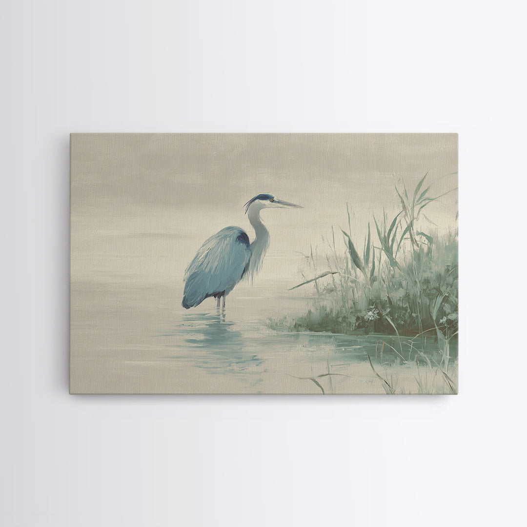 Blue Heron by Calm Marsh Water Framed Canvas Print, Dental Office Art, Textured Painting, Office Decor, Fine Art, Calm, DOA-3x2-27