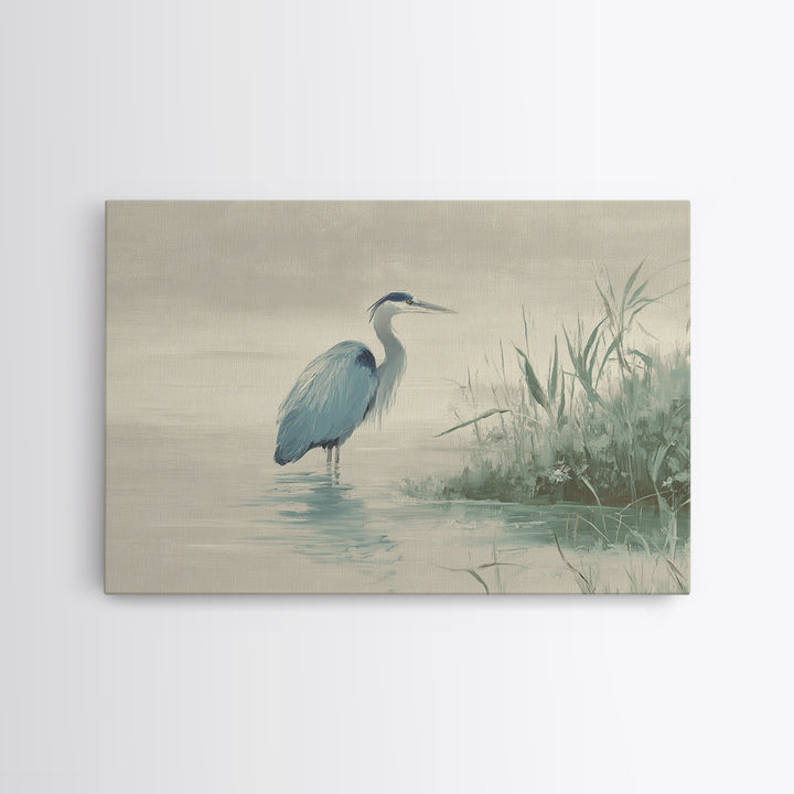 Blue Heron by Calm Marsh Water Framed Canvas Print, Dental Office Art, Textured Painting, Office Decor, Fine Art, Calm, DOA-3x2-27
