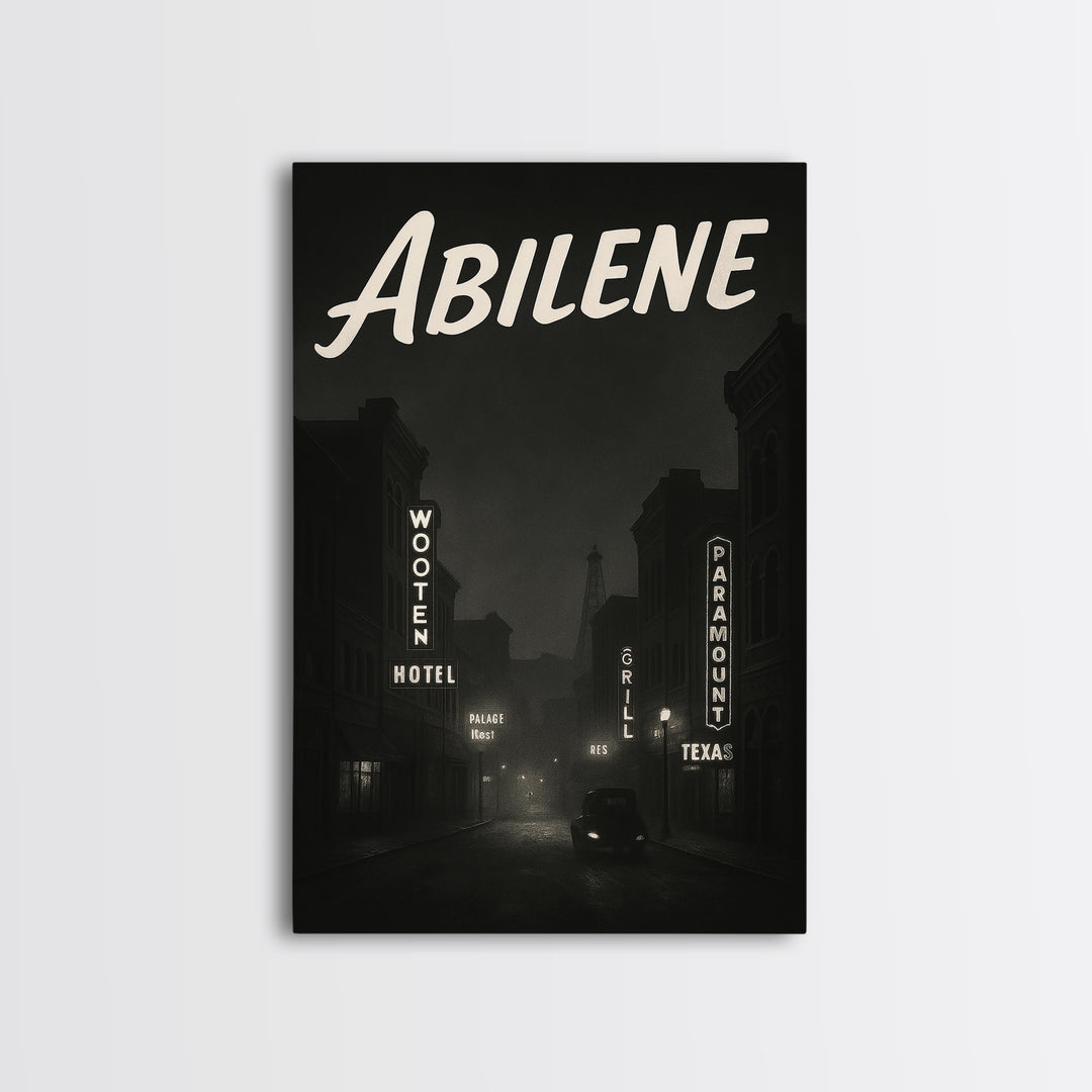 Abilene Texas Travel Poster, Canvas Print, Night Street Poster Art, Abilene Wall Art, City Art Print, Mid Century Wall Art, City Poster