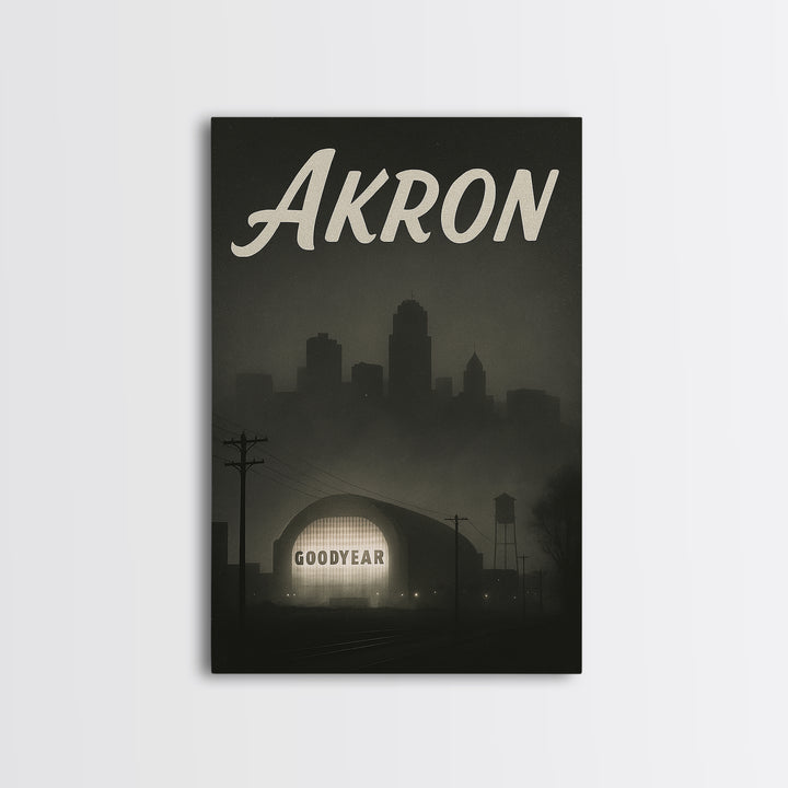 Akron Ohio Travel Poster, Canvas Print, Black And White Travel Art, Akron Wall Art, Vintage Travel Print, Travel Poster Art, City Art Print