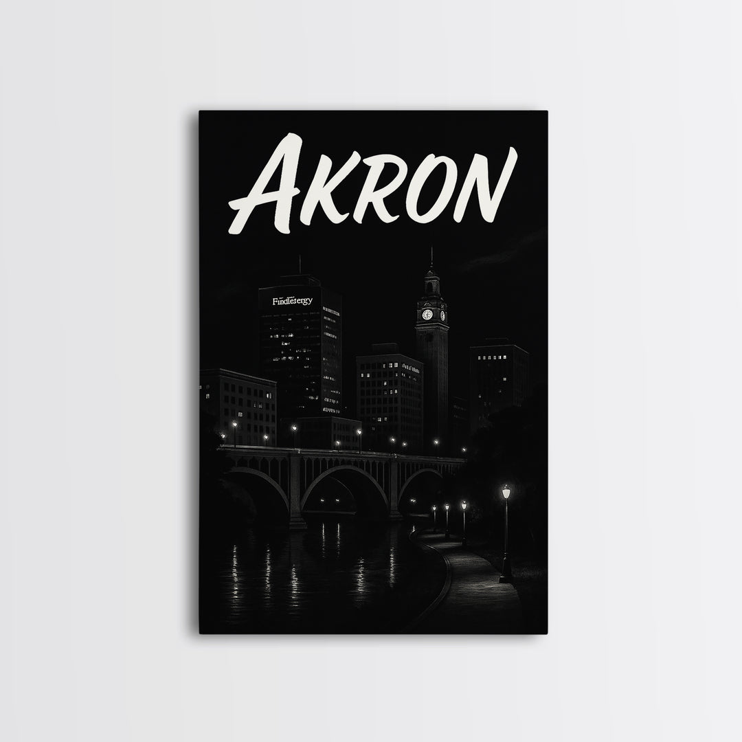 Akron Travel Poster, Canvas Print, Dark Moody City Wall Art, Akron Poster Print, Vintage City Art, City Illustration, Retro Travel Print