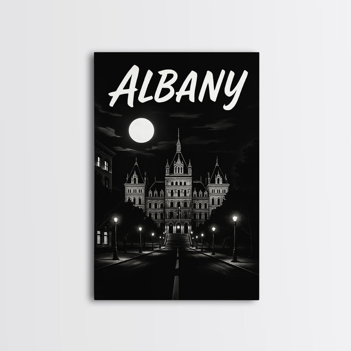 Albany Travel Poster, Framed Canvas Print, Dark Moody City Wall Art, Albany Poster Print, City Art Print, City Travel Prints, Home Decor