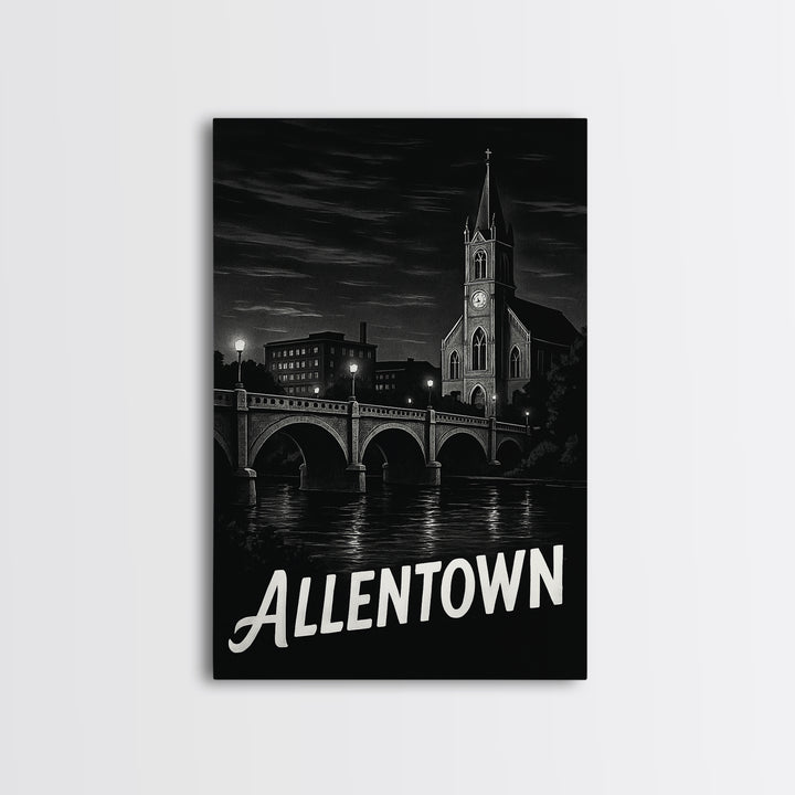Allentown Travel Poster, Framed Canvas Print, Vintage Noir Poster Art, Allentown City Art, Travel Wall Art, Living Room Wall Art