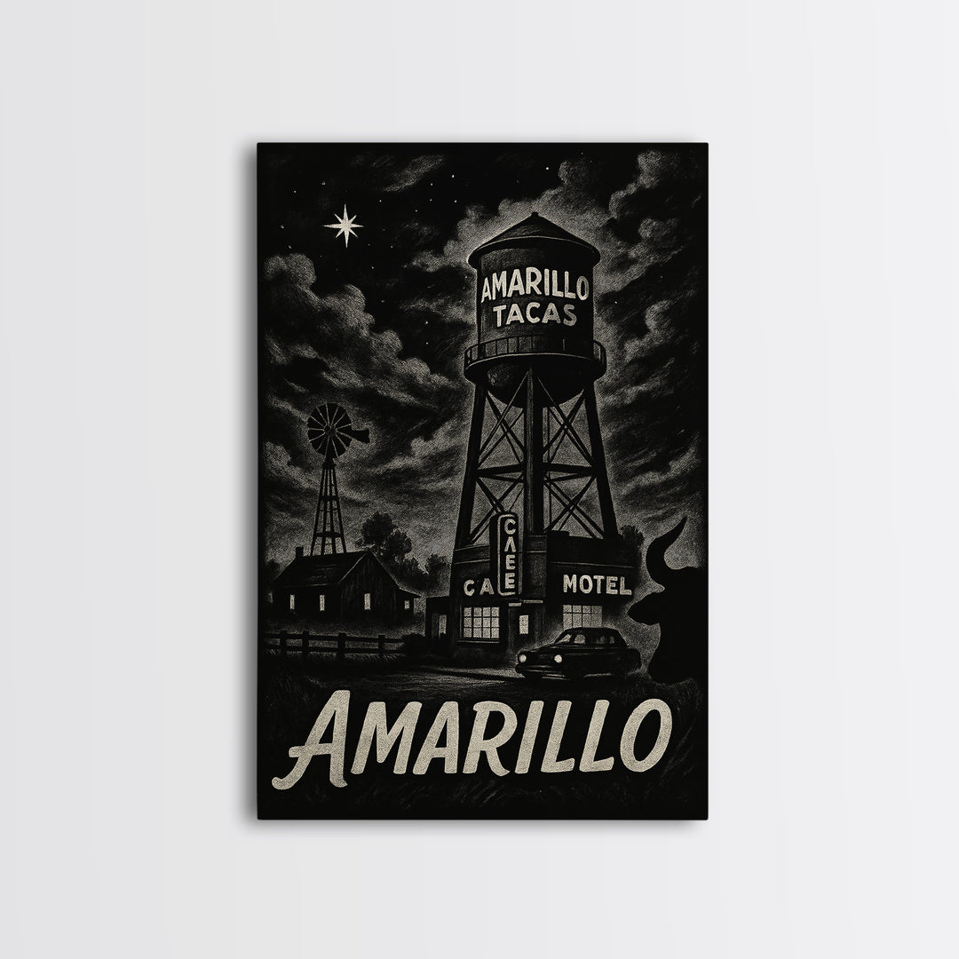 Amarillo Travel Poster, Framed Canvas Print, Vintage Noir Poster Art, Amarillo Travel Art, Vintage City Poster, Retro Travel Print