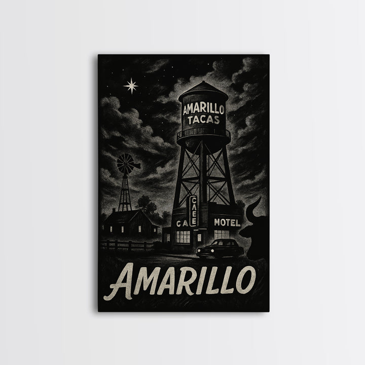 Amarillo Travel Poster, Framed Canvas Print, Vintage Noir Poster Art, Amarillo Travel Art, Vintage City Poster, Retro Travel Print