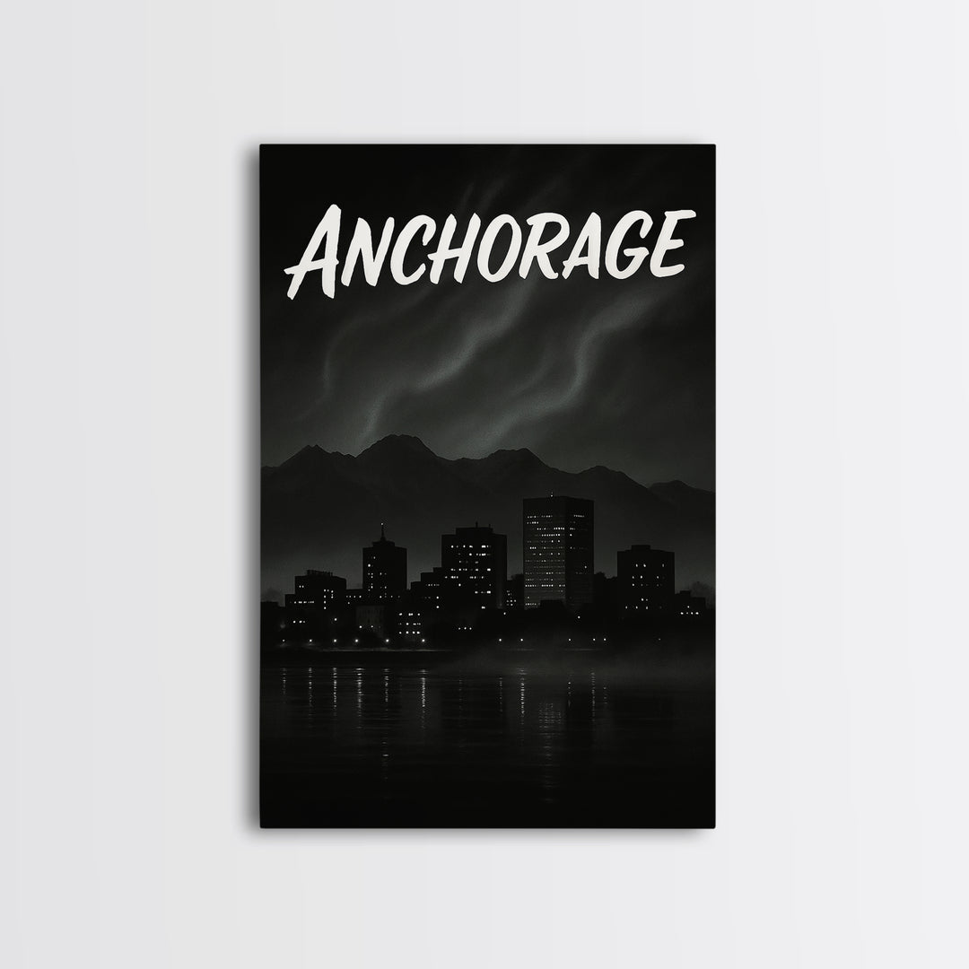 Anchorage Alaska Travel Poster, Canvas Print, Dark Moody City Wall Art, Anchorage Wall Art, Gift For Travelers, Mid Century Wall Art