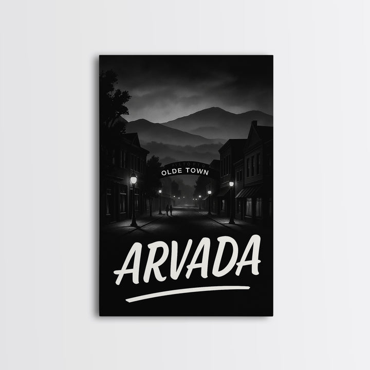 Arvada Travel Poster, Framed Canvas Print, Black And White Travel Art, Arvada Poster Print, City Art Print, Watercolor Downtown Skyline