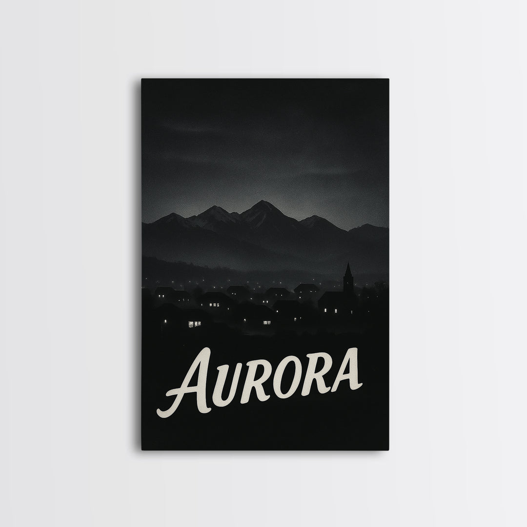 Aurora Travel Poster, Framed Canvas Print, Dark Moody City Wall Art, Aurora Poster Print, Vintage Travel Art, City Art Print, Poster Art