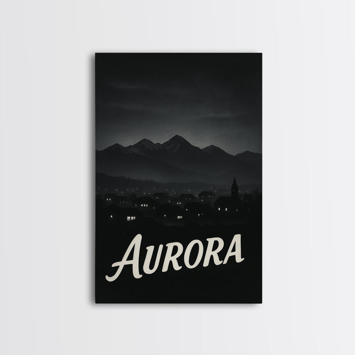 Aurora Travel Poster, Framed Canvas Print, Dark Moody City Wall Art, Aurora Poster Print, Vintage Travel Art, City Art Print, Poster Art