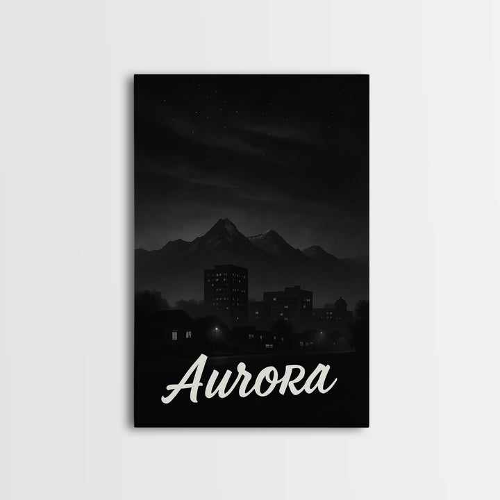 Aurora Travel Poster, Framed Canvas Print, Dark Moody City Wall Art, Aurora Art Print, Travel Wall Art, Vintage City Poster, Travel Gift