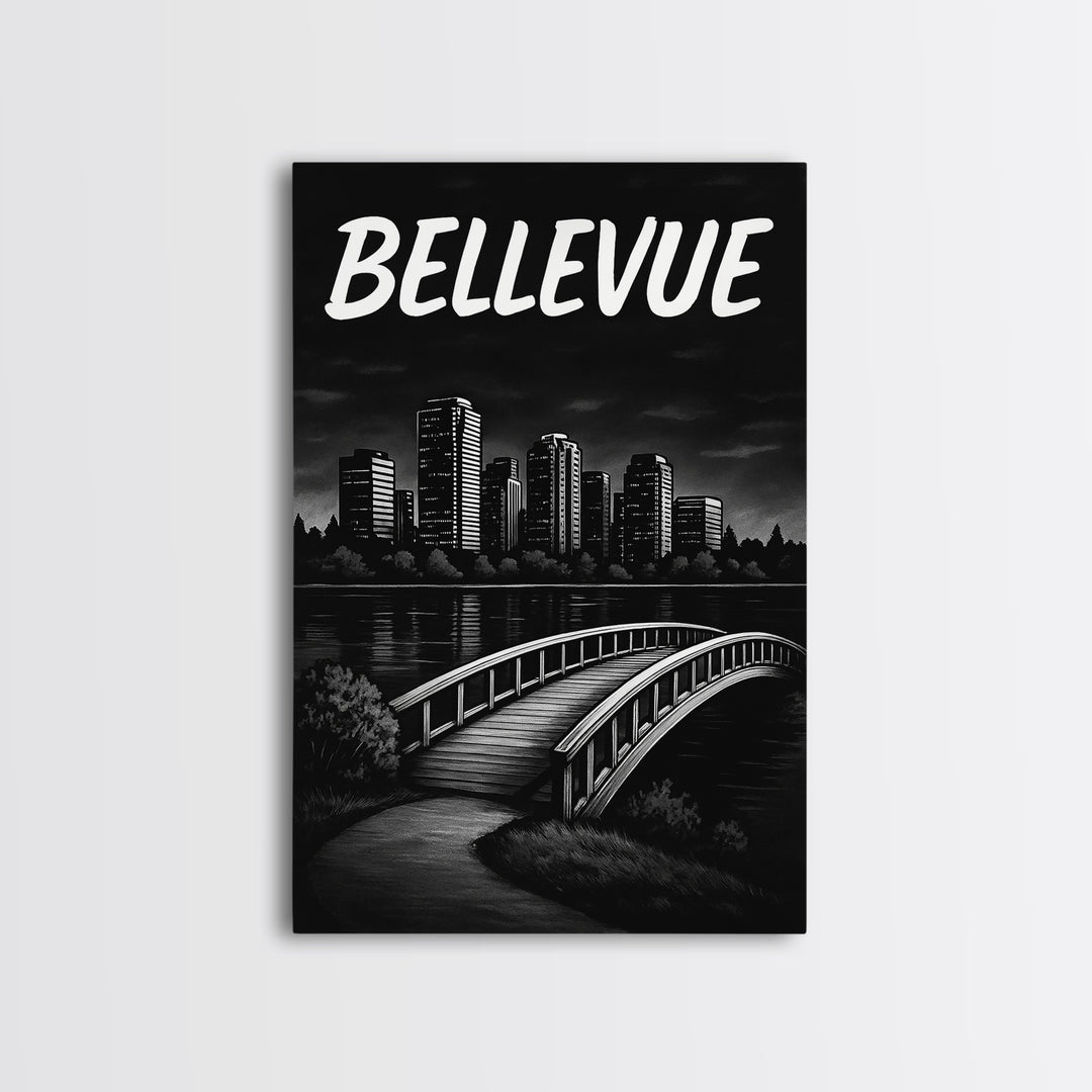 Bellevue Travel Poster, Framed Canvas Print, Black And White Travel Art, Bellevue Wall Art, Modern Wall Decor, Travel Art Print