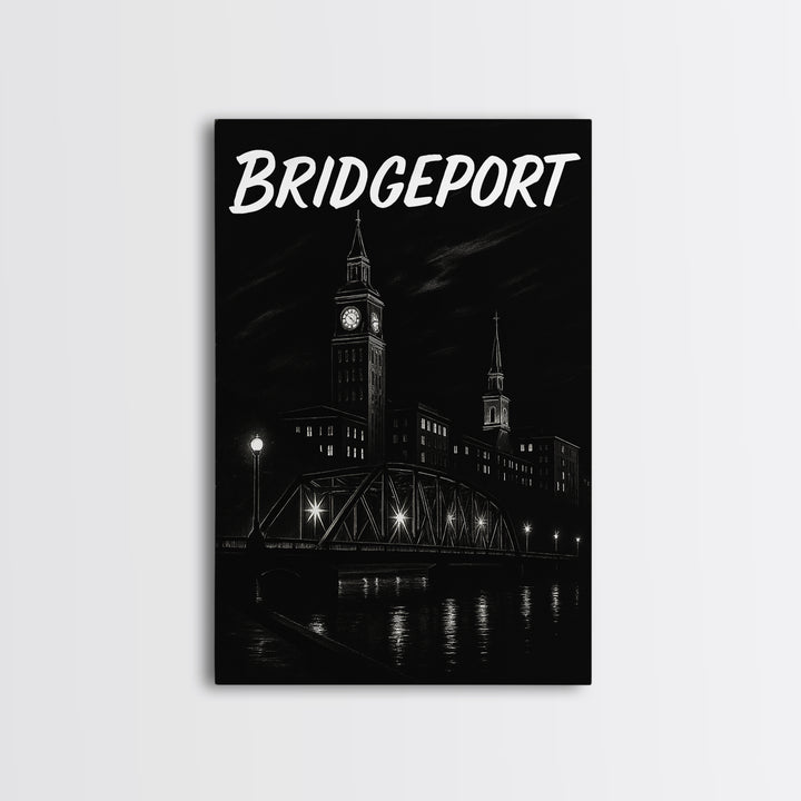 Bridgeport Travel Poster, Framed Canvas Print, Dark Moody City Wall Art, Bridgeport Poster Print, City Illustration, Vintage City Poster
