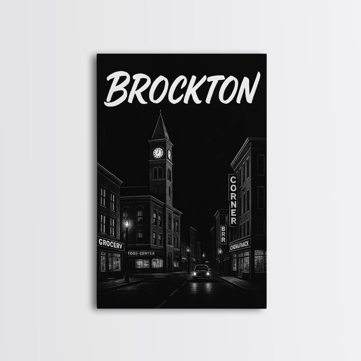Brockton Travel Poster, Framed Canvas Print, Dark Moody City Wall Art, Brockton Wall Art, Travel Art Print, Fine Art Print, Landscape Art