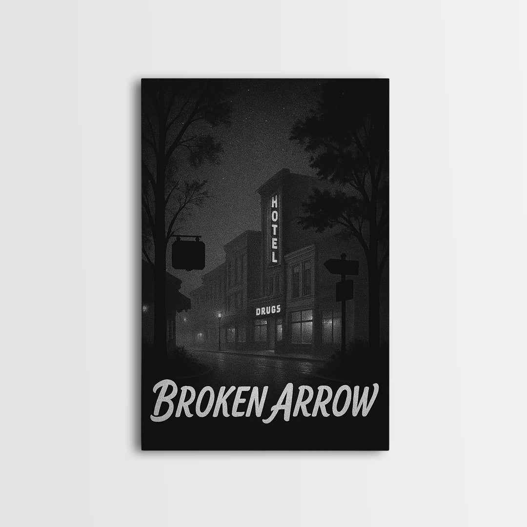 Broken Arrow Oklahoma Travel Poster, Canvas Print, Black And White Travel Art, Broken Arrow Wall Art, Travel Print, Vintage Travel Art