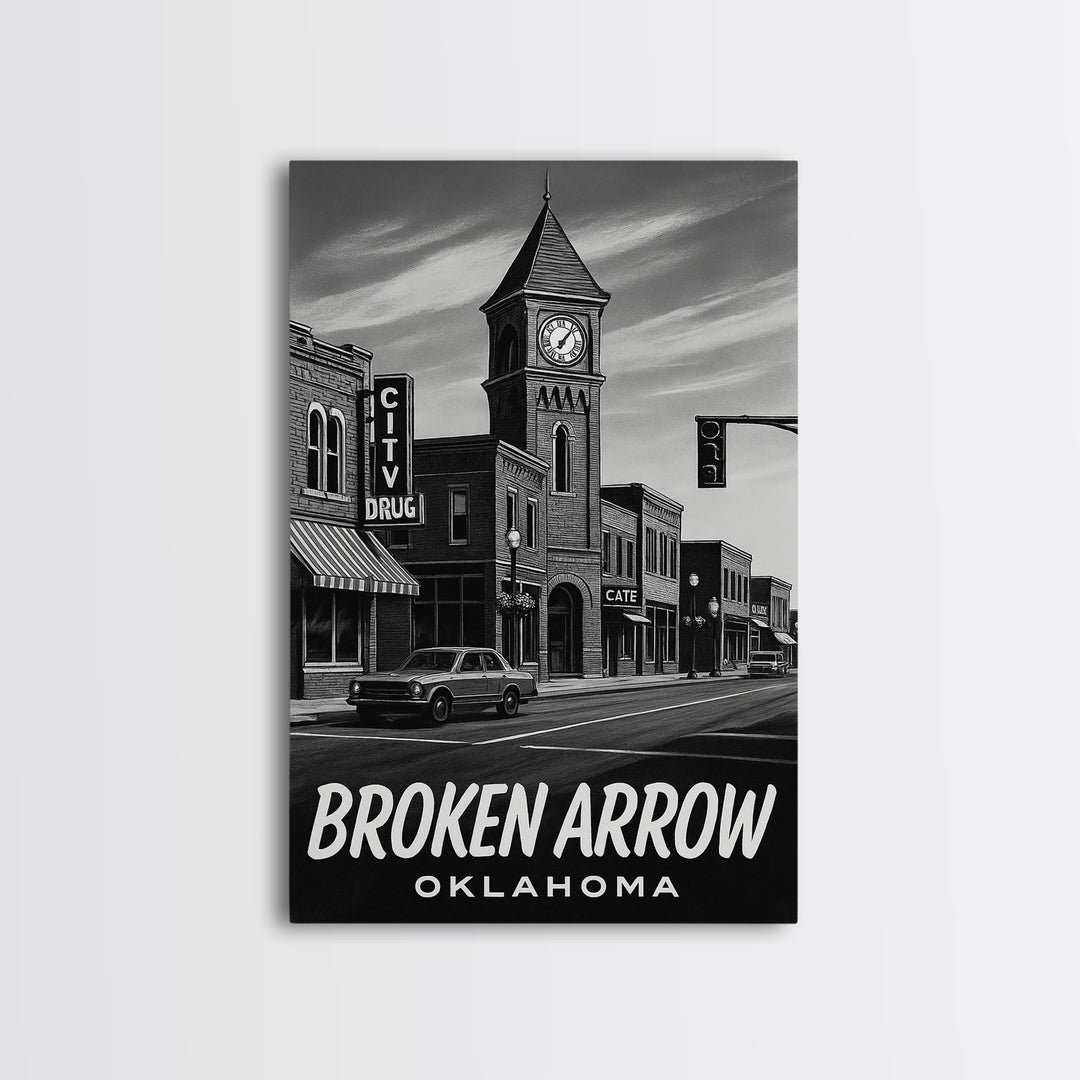 Broken Arrow Travel Poster, Framed Canvas Print, Dark Moody City Wall Art, Broken Arrow Art Print, Mid Century Wall Art, City Art Print