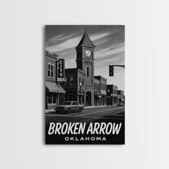 Broken Arrow Travel Poster, Framed Canvas Print, Dark Moody City Wall Art, Broken Arrow Art Print, Mid Century Wall Art, City Art Print