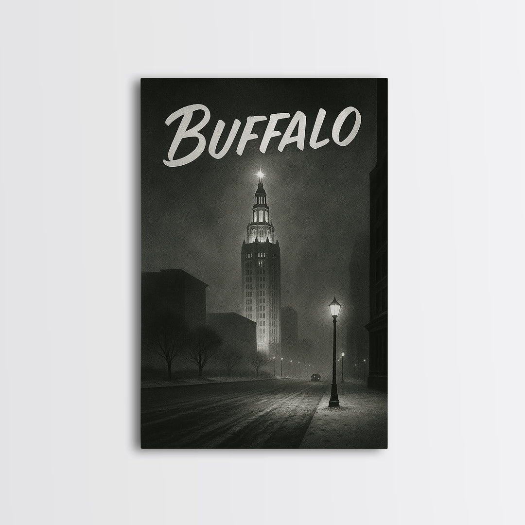 Buffalo Travel Poster, Framed Canvas Print, Dark Moody City Wall Art, Buffalo Poster Print, City Art Print, Vintage City Art, Art Print