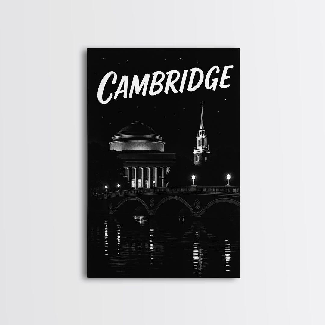 Cambridge Travel Poster, Canvas Print, Black And White Travel Art, Cambridge Wall Art, Fine Art Print, Gift For Travelers, Vintage City Art
