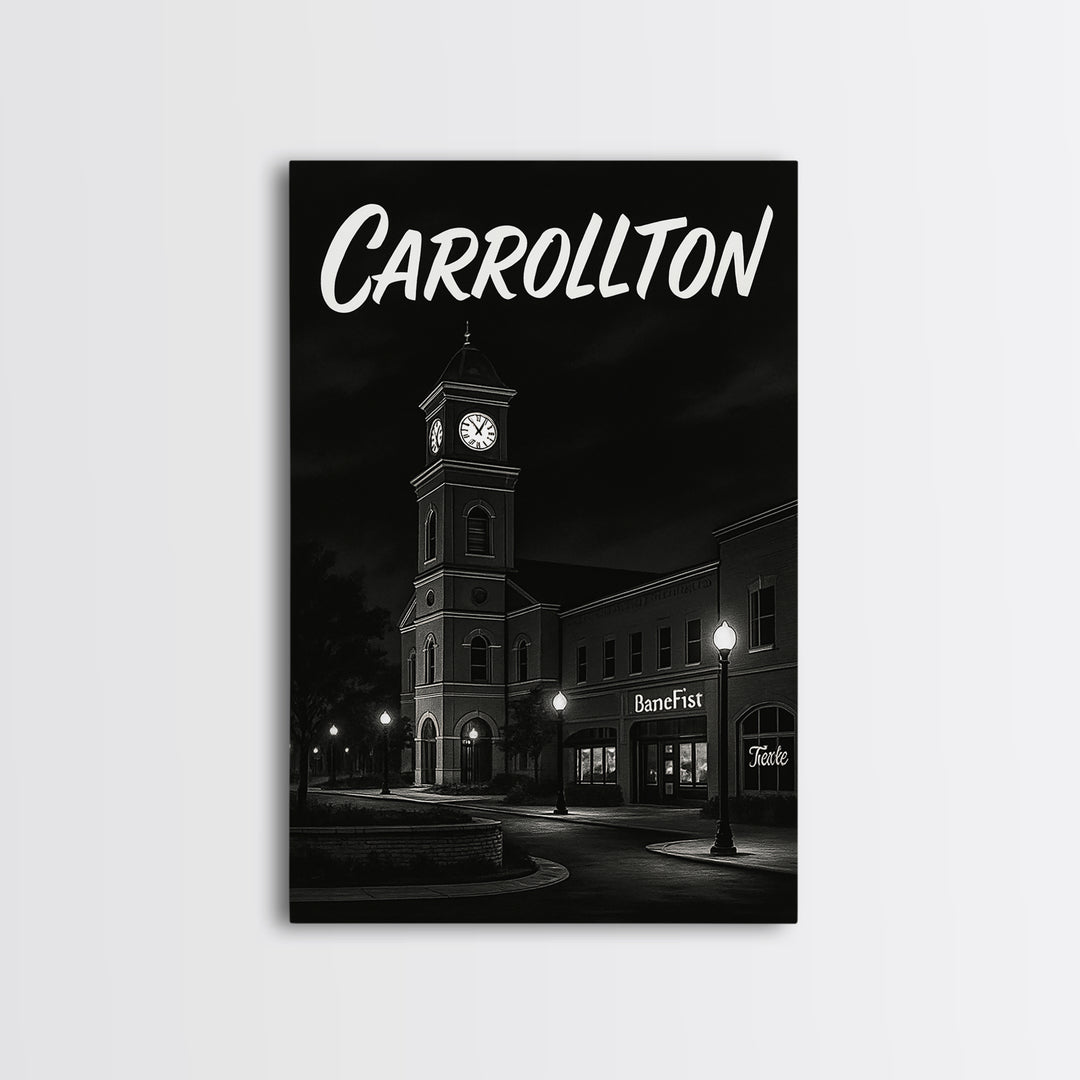 Carrollton Texas Travel Poster, Framed Canvas Print, Night Street Poster Art, Carrollton Art Print, Fine Art Print, Eclectic Wall Decor