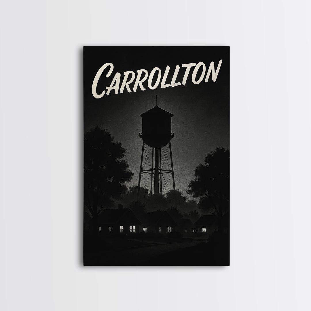 Carrollton Travel Poster, Framed Canvas Print, Vintage Noir Poster Art, Carrollton Wall Art, City Illustration, Vintage City Art