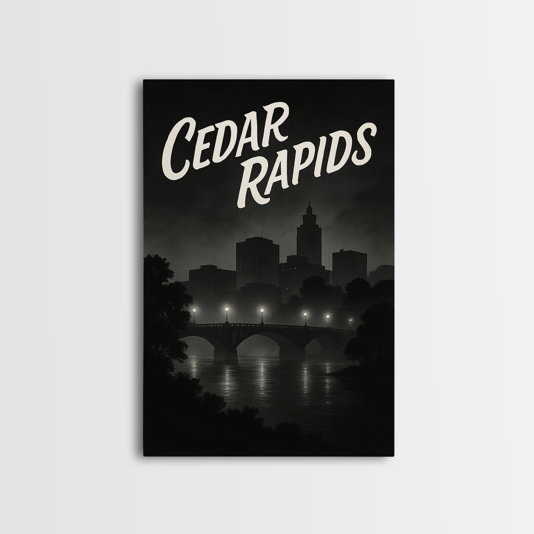 Cedar Rapids Iowa Travel Poster, Canvas Print, Dark Moody City Wall Art, Cedar Rapids Travel Art, Travel Poster Art, Wanderlust Decor