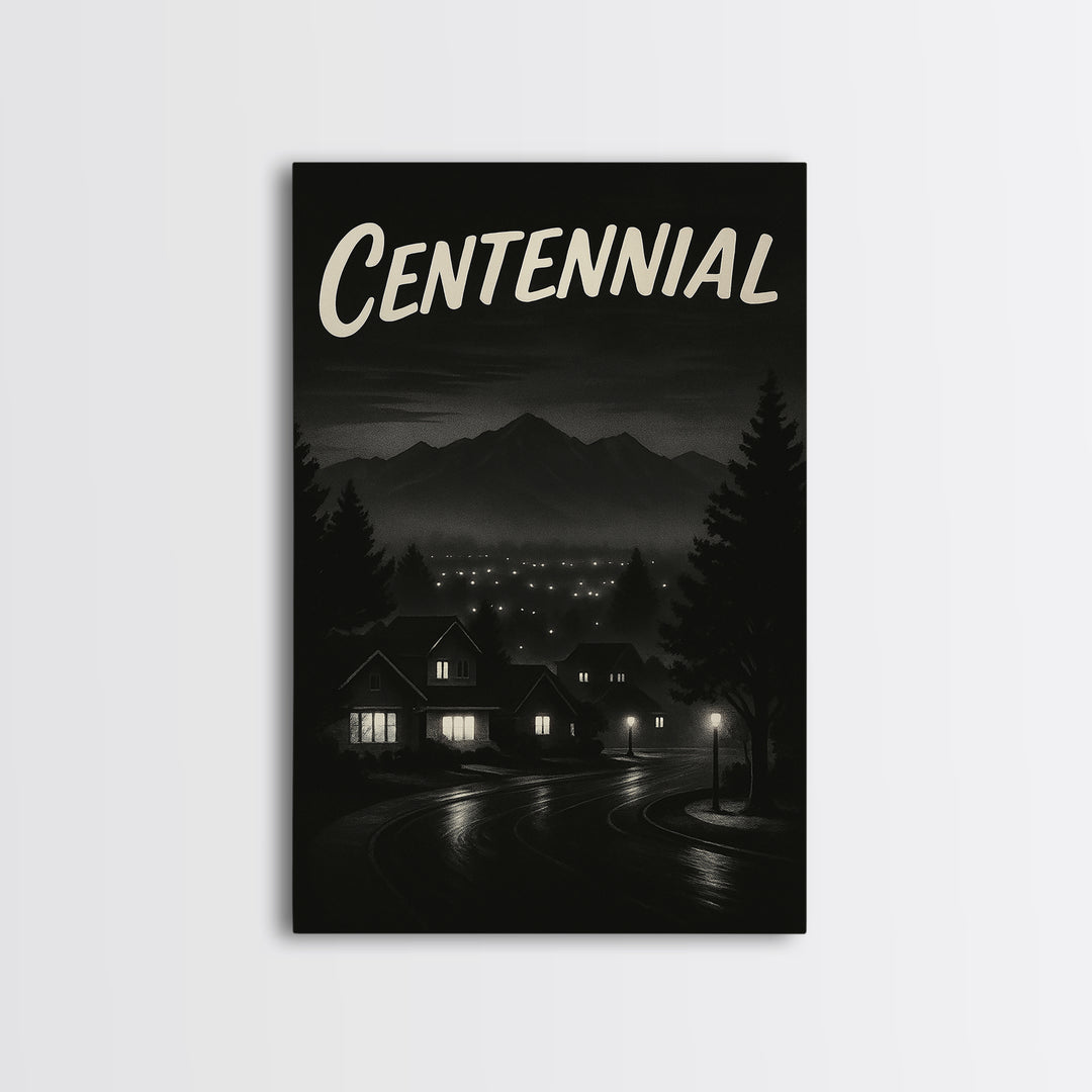 Centennial Travel Poster, Framed Canvas Print, Night Street Poster Art, Centennial Art Print, Travel Poster Art, Watercolor Downtown Skyline