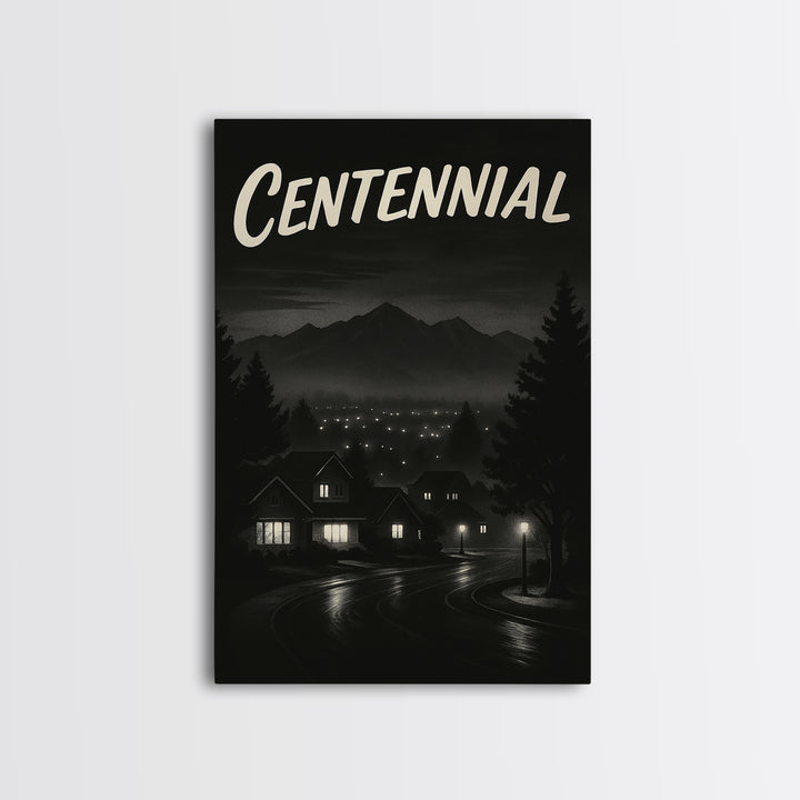Centennial Travel Poster, Framed Canvas Print, Night Street Poster Art, Centennial Art Print, Travel Poster Art, Watercolor Downtown Skyline