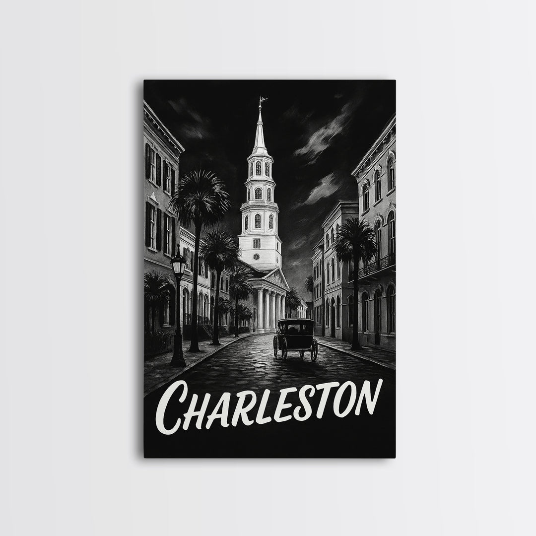 Charleston Travel Poster, Canvas Print, Black And White Travel Art, Charleston City Art, Travel Wall Decor, Watercolor Skyline Art