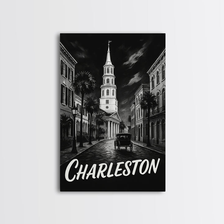Charleston Travel Poster, Canvas Print, Black And White Travel Art, Charleston City Art, Travel Wall Decor, Watercolor Skyline Art