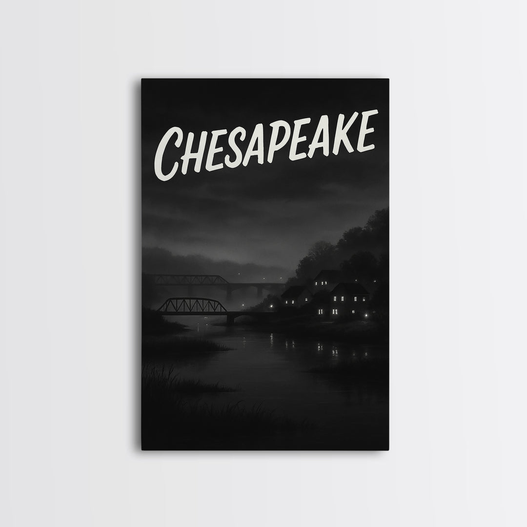Chesapeake Travel Poster, Framed Canvas Print, Black And White Travel Art, Chesapeake Travel Art, City Illustration, Travel Poster Set