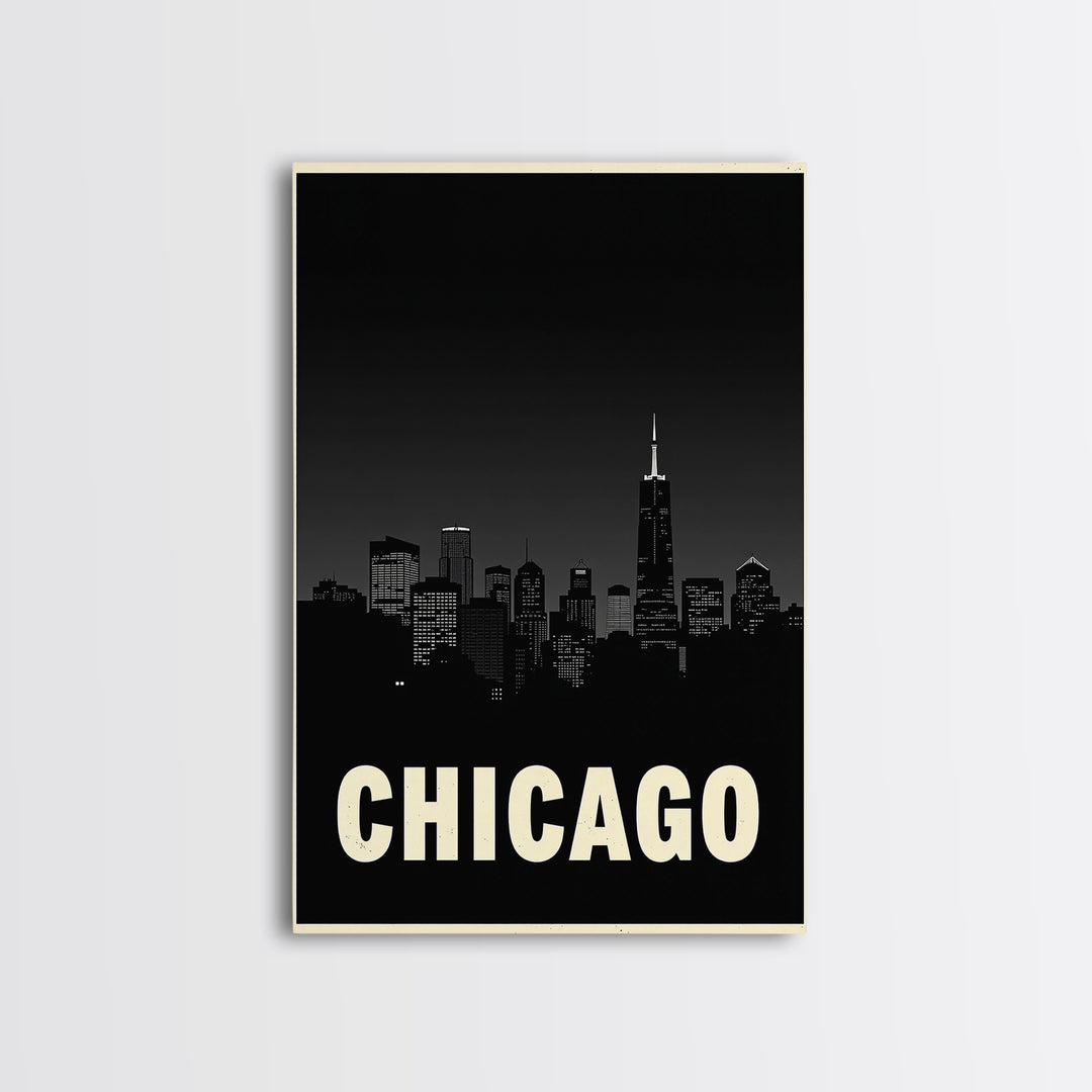 Chicago Illinois Travel Poster, Framed Canvas Print, Night Street Poster Art, Chicago Art Print, Vintage Travel Print, Travel Poster Art