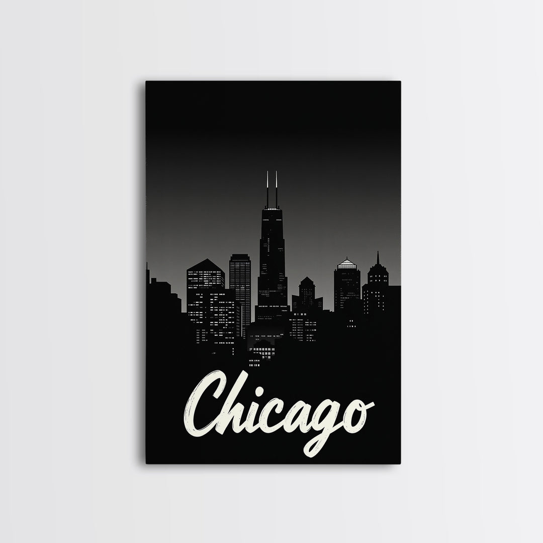 Chicago Travel Poster, Framed Canvas Print, Black And White Travel Art, Chicago City Art, City Illustration, Living Room Wall Art