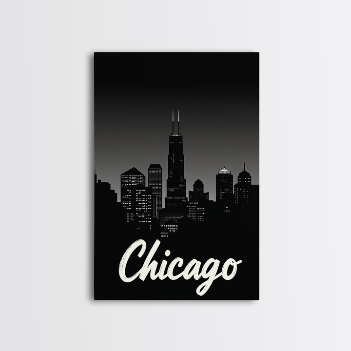Chicago Travel Poster, Framed Canvas Print, Black And White Travel Art, Chicago City Art, City Illustration, Living Room Wall Art