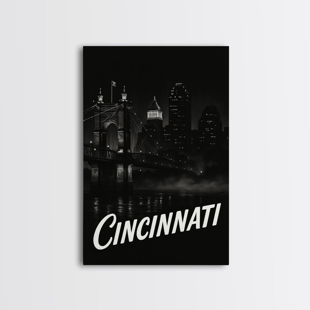 Cincinnati Travel Poster, Framed Canvas Print, Black And White Travel Art, Cincinnati Wall Art, Fine Art Print, Travel Poster Set