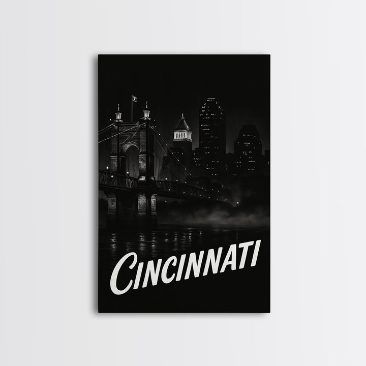 Cincinnati Travel Poster, Framed Canvas Print, Black And White Travel Art, Cincinnati Wall Art, Fine Art Print, Travel Poster Set