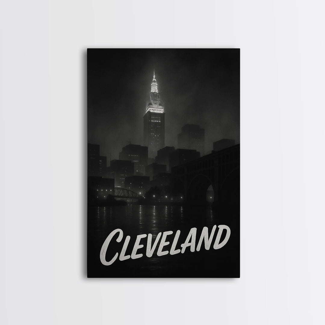 Cleveland Ohio Travel Poster, Framed Canvas Print, Dark Moody City Wall Art, Cleveland Travel Art, Travel Wall Decor, City Travel Prints