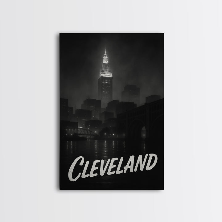 Cleveland Ohio Travel Poster, Framed Canvas Print, Dark Moody City Wall Art, Cleveland Travel Art, Travel Wall Decor, City Travel Prints
