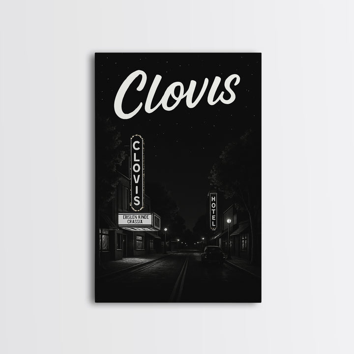 Clovis Travel Poster, Framed Canvas Print, Dark Moody City Wall Art, Clovis Poster Print, Vintage Travel Print, City Travel Prints