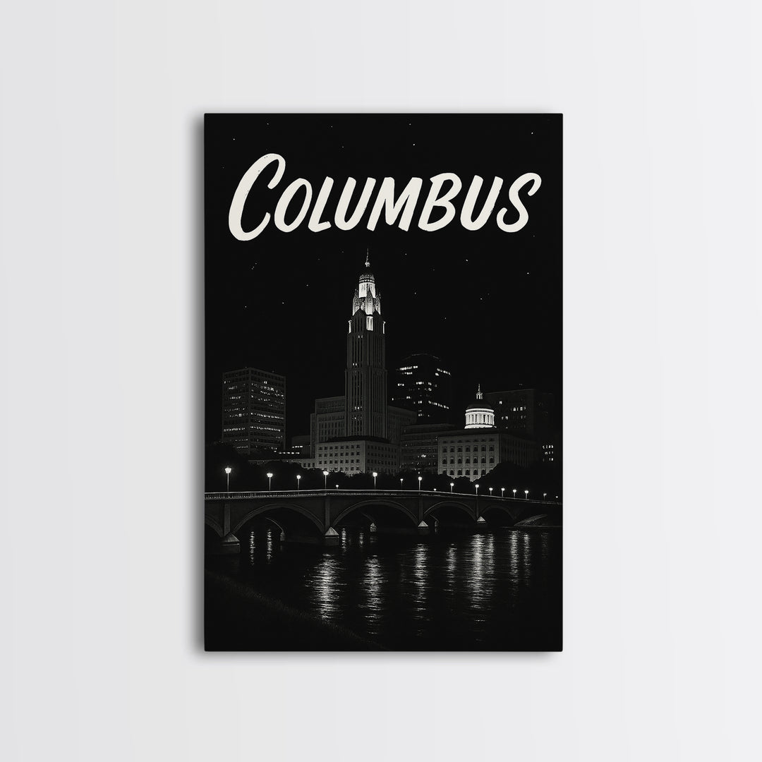 Columbus Travel Poster, Framed Canvas Print, Dark Moody City Wall Art, Columbus Travel Art, Travel Poster Art, Travel Poster Set
