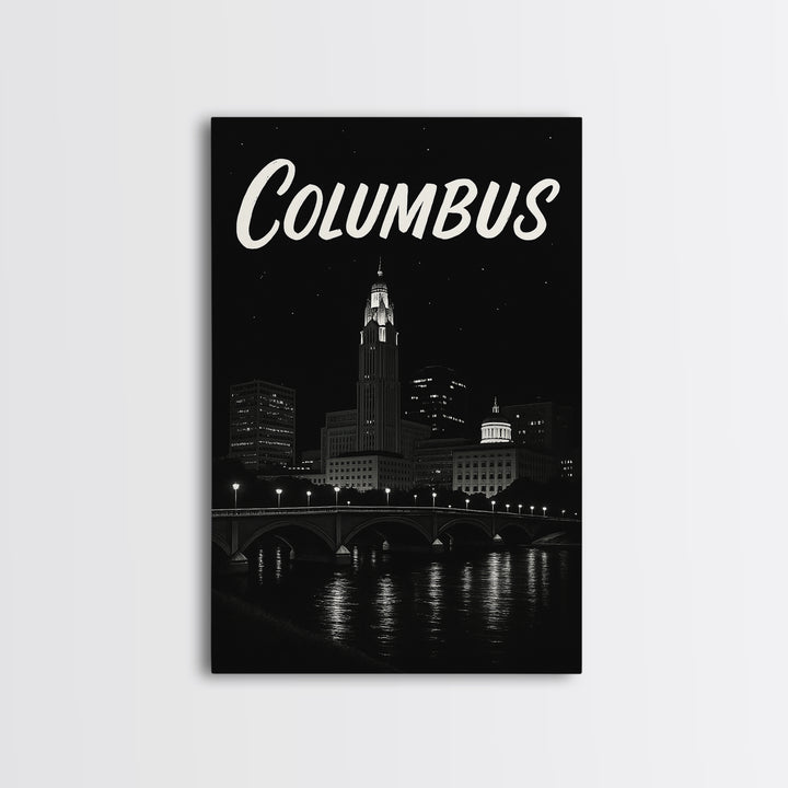 Columbus Travel Poster, Framed Canvas Print, Dark Moody City Wall Art, Columbus Travel Art, Travel Poster Art, Travel Poster Set