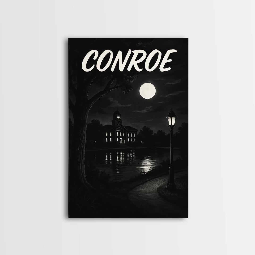 Conroe Travel Poster, Canvas Print, Dark Moody City Wall Art, Conroe Travel Art, Travel Art Print, City Illustration, Vintage Travel Print