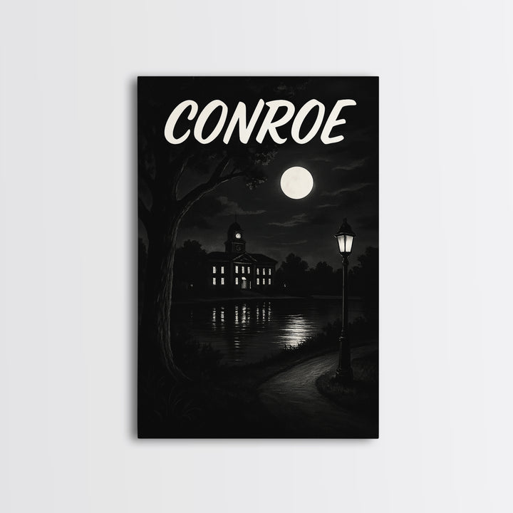 Conroe Travel Poster, Canvas Print, Dark Moody City Wall Art, Conroe Travel Art, Travel Art Print, City Illustration, Vintage Travel Print