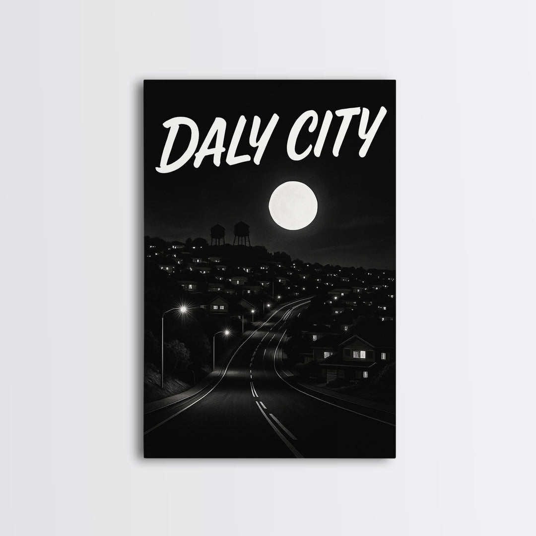 Daly City California Travel Poster, Canvas Print, Dark Moody City Wall Art, Daly City Poster Print, Travel Wall Art, Gift For Travelers