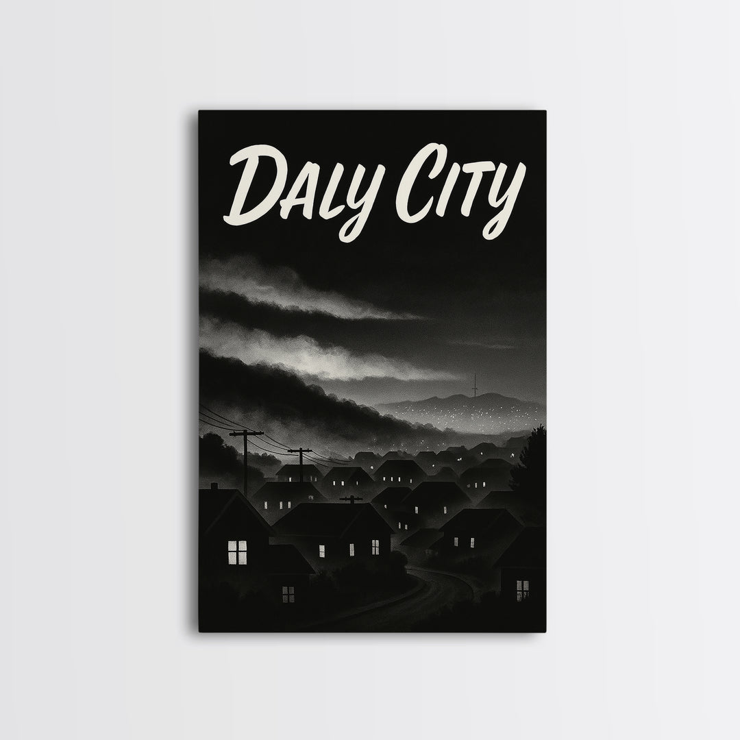 Daly City Travel Poster, Framed Canvas Print, Vintage Noir Poster Art, Daly City Art Print, Travel Poster Art, City Illustration