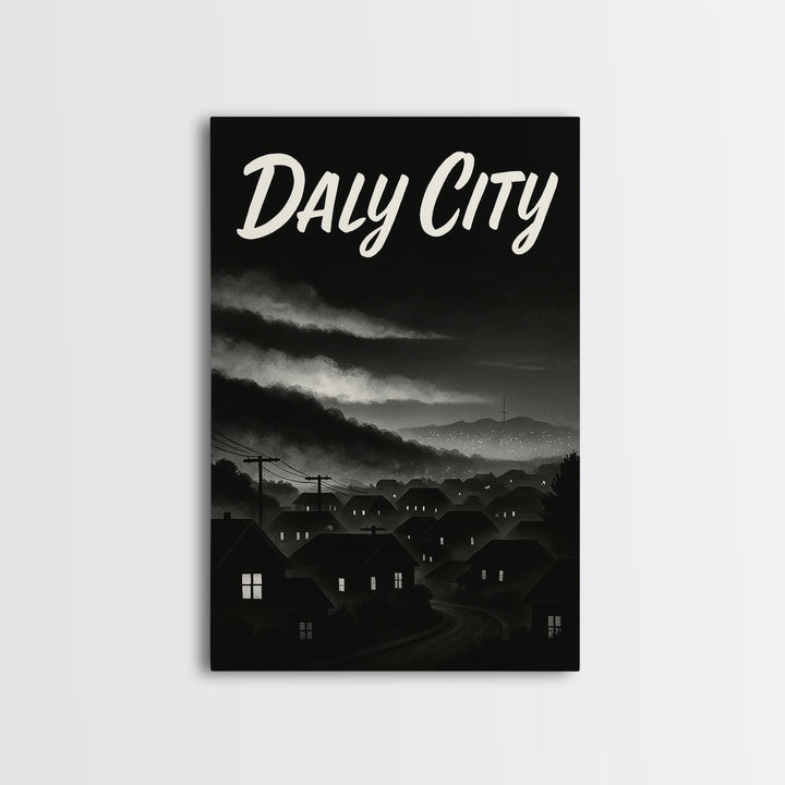 Daly City Travel Poster, Framed Canvas Print, Vintage Noir Poster Art, Daly City Art Print, Travel Poster Art, City Illustration