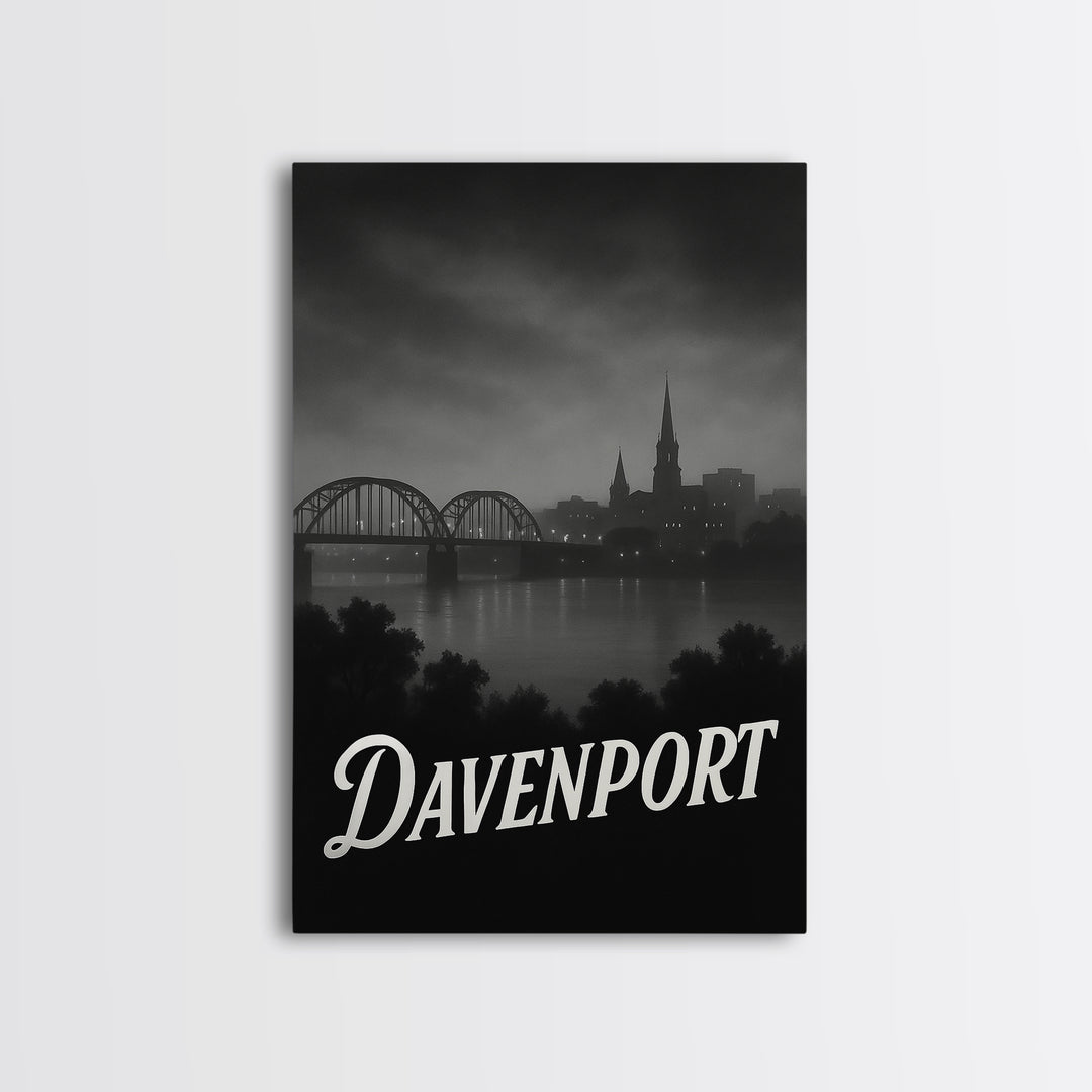 Davenport Iowa Travel Poster, Canvas Print, Night Street Poster Art, Davenport City Art, Travel Art Print, Vintage Travel Print, Travel Gift